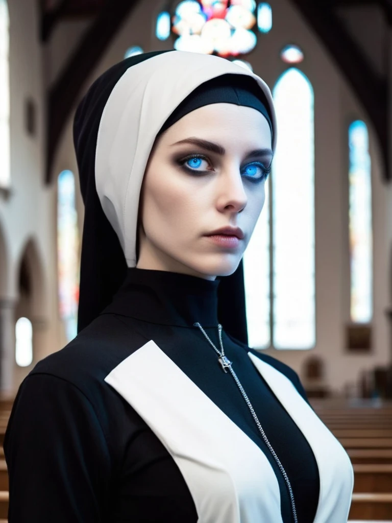 ral-opal, meahophontron, beautiful woman (robot), FUTURISTIC devil face, blue eyes, cyberpunk, Ropa Monja is sexy, negro, looking to the camera, nun clothes, cuerpo primer plano looking to the camera, realist, Beautiful woman, Cara sexy, black and white clothes. (PHOTO EMPOWERED IN CHURCH)