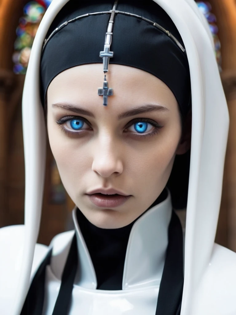 ral-opal, meahophontron, beautiful woman (robot), FUTURISTIC devil face, blue eyes, cyberpunk, Ropa Monja is sexy, negro, looking to the camera, nun clothes, cuerpo primer plano looking to the camera, realist, Beautiful woman, Cara sexy, black and white clothes. (PHOTO EMPOWERED IN CHURCH)