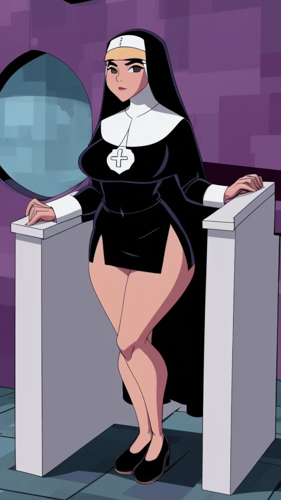 A teenage girl nun sect sexy big breast beautiful beautiful dresses black nun Knots chest shows navel and underneath a black skirt long black hair her brown eyes She goes to Mexico temple she lifts a thousand coffin