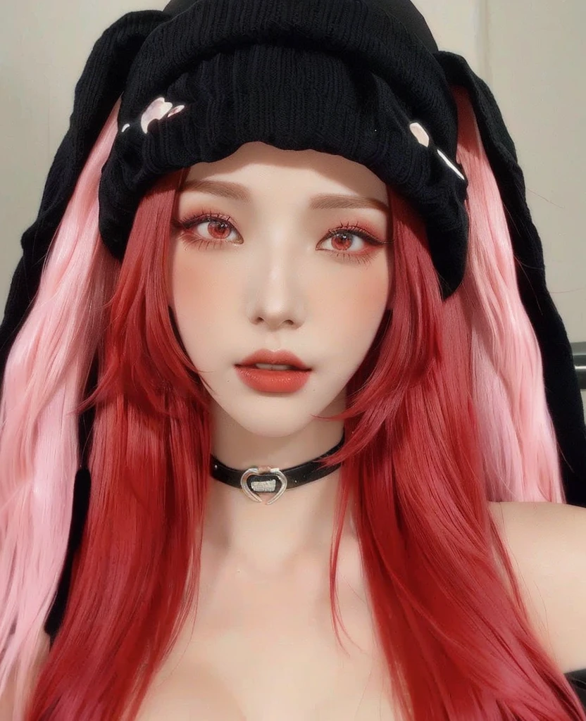 a close up of a woman with red hair wearing a black hat, red wig, with long floppy rabbit ears, pale red, with long red hair, ultrarealistic sweet bunny girl, pink and red color style, crimson red hair and red eyes, with red hair, with bunny ears, red dyed hair, black and red tones, Asian, Karina of aespa, Karina
