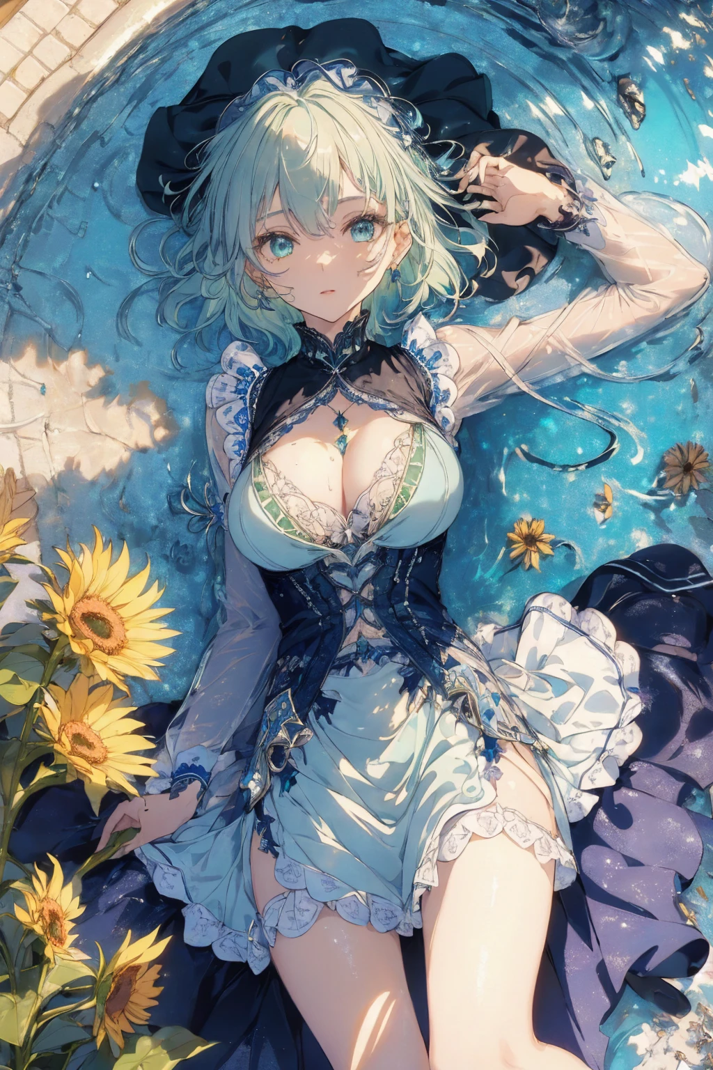 (summer clothing photo:1.1, in blue waterfront:1.5), Masterpiece, best quality, (very detailed CG unity 8k wallpaper), (best quality), High definition RAW color art, Animation,sculptures, (black Marble Skin), (((Ultra detailed elegant))), Magical atmosphere, Detailed skin, Texture,(Intricately detailed, Fine detail, ultra-detail art), depth of fields, bokeh, Silky Touch, Hyper Detail, beautiful eyes, elegant face, (lying on light green glass floor), sparkle background, enormous breast:1.3, (silver hair), pastel purple, embarrassing face, short hair, sunflower, maid, armpit, Wet