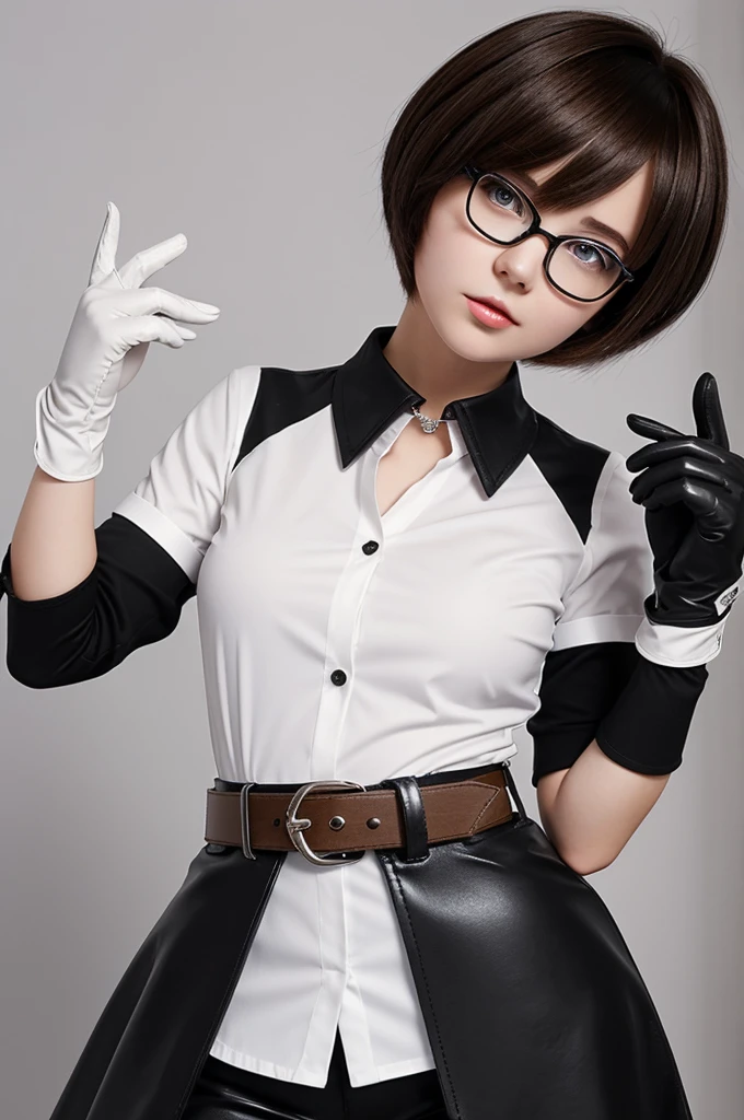 A white-skinned girl with short tousled brown hair, a short-sleeved black shirt, gloves that reveal her fingers, a diamond belt, a pierced tongue, and thick black glasses. (anime style )