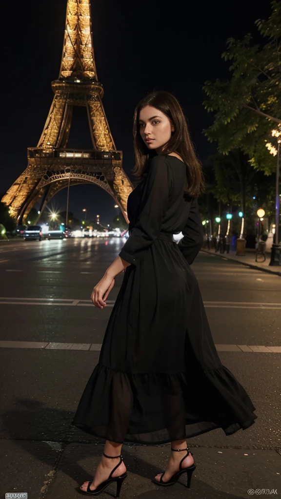 Young woman 30 years old., Brunette woman with green eyes, walk in front of the Eiffel Tower, at night, in a black midi length dress, photo shoot on iphone