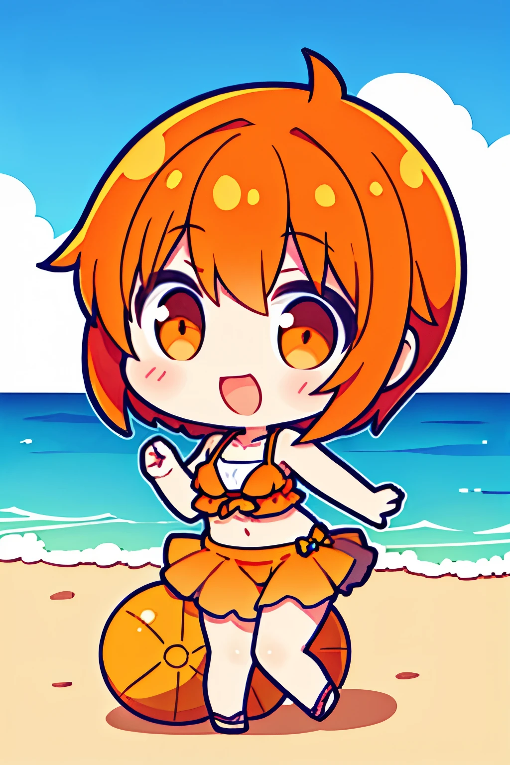 Anime Girls、Toned Abs、Orange Hair、short hair、happiness、smile、detailed、Highest quality、masterpiece、bikini、Sweaty、tiny body
