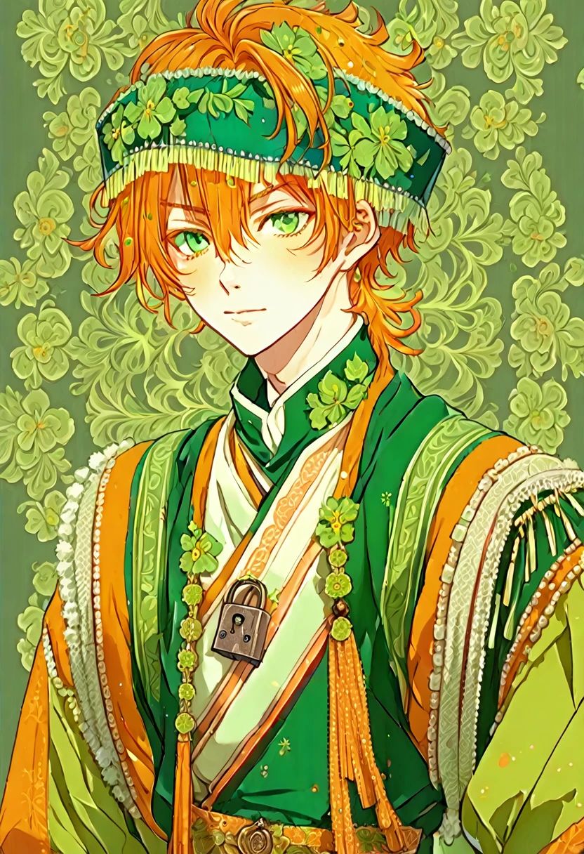 Anime boy (character: Akito Shinonome), orange messy hair, fringe reparted in three parts with a yellow lock of hair on the middle, light and bright green eyes, vintage royal Russian clothes