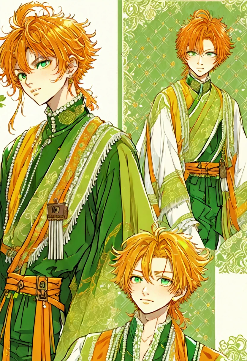 Anime boy (character: Akito Shinonome), orange messy hair, fringe reparted in three parts with a yellow lock of hair on the middle, light and bright green eyes, vintage royal Russian clothes 