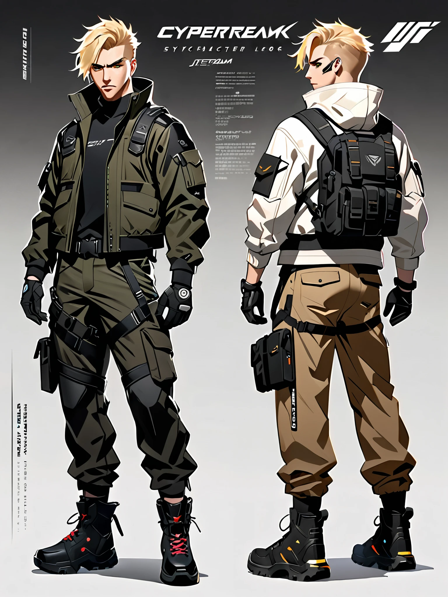 1male, blond-haired man in military uniform, cyberpunk street goon, hyper-realistic cyberpunk style, jetstream sam from metal gear, techwear look and clothes, cyberpunk streetwear, cyberpunk soldier, young blonde boy fantasy thief, soldier outfit, wearing techwear and armor, wearing japanese techwear, soldier 7 6 from overwatch, wearing cyberpunk streetwear, (green eyes). ((Character Sheet Full-Length)). ((Solo, solo focus)).