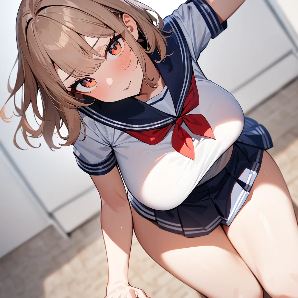 A cute young girl taking off her school uniform　Kneeling with the crotch open　Big Breasts　Short twin tail hairstyle　Japanese　Plump areola　Big erect nipples　Blushing in sexual climax　Very swollen breasts　White panties