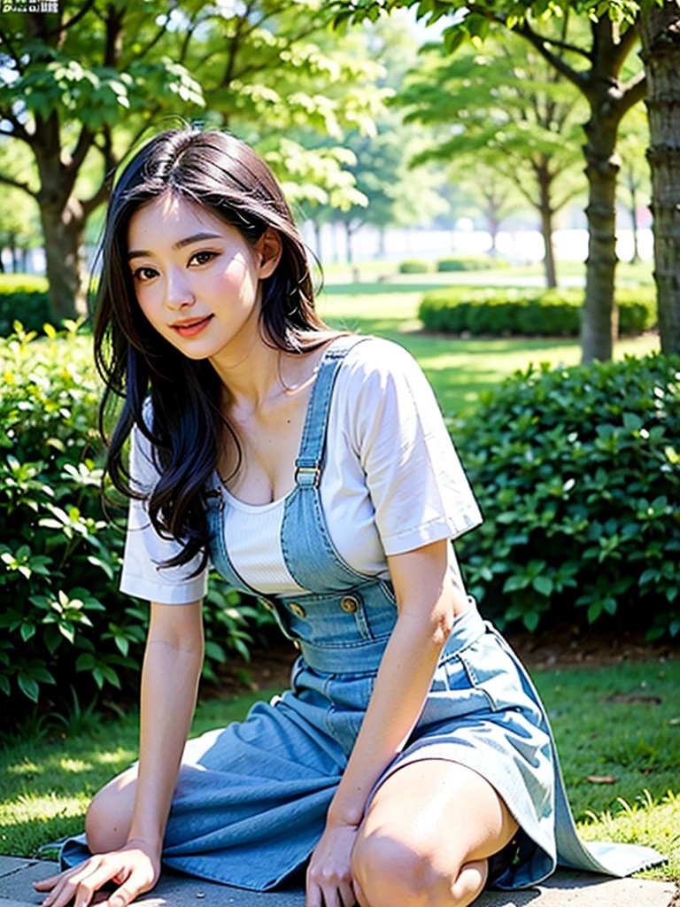 A beautiful and cute girl, full body photo, extremely beautiful and delicate, black hair, sweet smile, delicate beautiful fair skin, realistic and realistic, exquisite and complete facial features, detailed facial portrayal, high nose bridge, flowing smooth hair, extremely delicate hair, soft temperament, face light, tall, thin, real, hyper-real, full-body lens, forward tilt angle, ultimate picture quality, highest precision, accurate and perfect human body structure. Blue sky and white clouds, sitting in the woods, blue sky and white clouds, sunlight, (suspenders, long skirts) panties are clearly visible