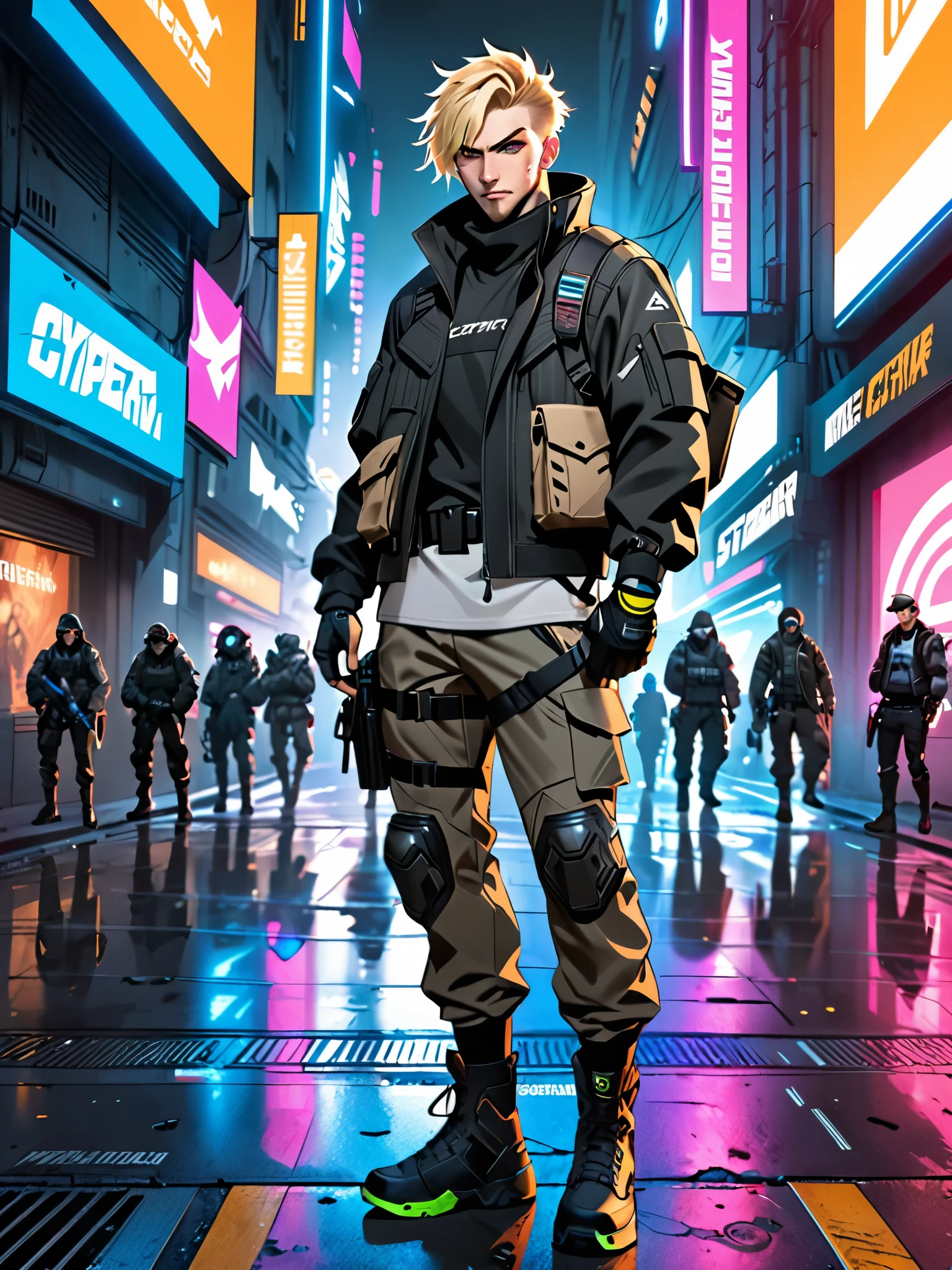 1male, blond-haired man in military uniform, cyberpunk street goon, hyper-realistic cyberpunk style, jetstream sam from metal gear, techwear look and clothes, cyberpunk streetwear, cyberpunk soldier, young blonde boy fantasy thief, soldier outfit, wearing techwear and armor, wearing japanese techwear, soldier 7 6 from overwatch, wearing cyberpunk streetwear, (green eyes). ((Character Sheet Full-Length)). ((Solo, solo focus)).