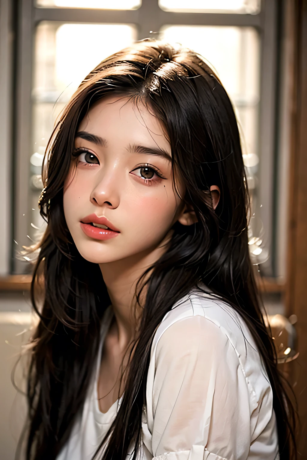 Amazing portrait of a sexy and cute woman with a beautiful face with black brown long straight hair and weak eyes while blushing intensely and her lips are parted being ready to kiss wearing a long oversized white shirt