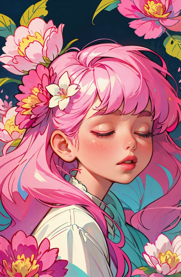 1girl,flower,solo,pink hair,closed eyes,hair ornament,hair flower,long hair,pink flower,bangs,lips,parted lips,