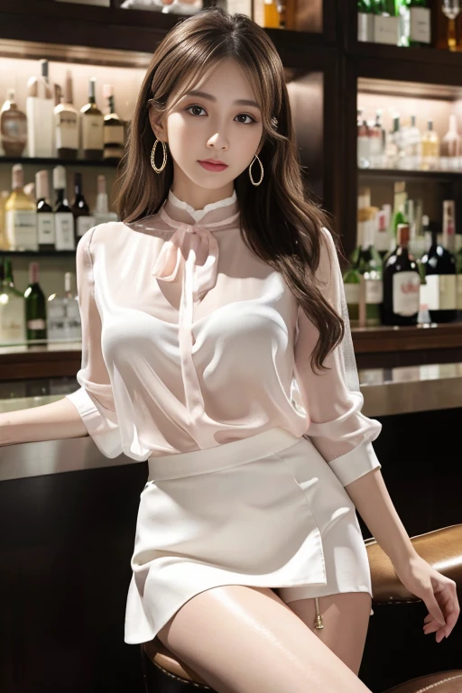 masterpiece, Highest quality, Realistic, Very detailed, Finer details, High resolution, 8k wallpaper, One beautiful woman, Wear a light pink see-through blouse, White silk tight mini skirt,At the bar counter, At night, Light brown messy hair, Perfect dynamic composition, Beautiful and beautiful eyes、Big earrings、Sitting in a chair、