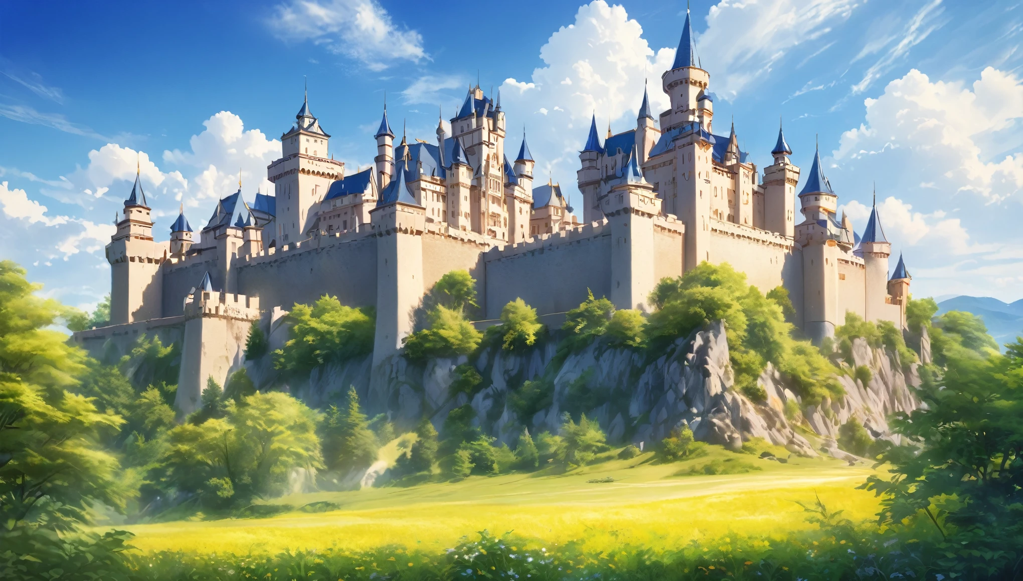 Western-style castle,nature,Summer sky,Blur the background,Highest quality, 8k, High resolution, masterpiece:1.2, Very detailed, Realistic:1.37, High resolution, 超High resolution, Ultra-fine painting, Very detailed, Professional, Vibrant colors