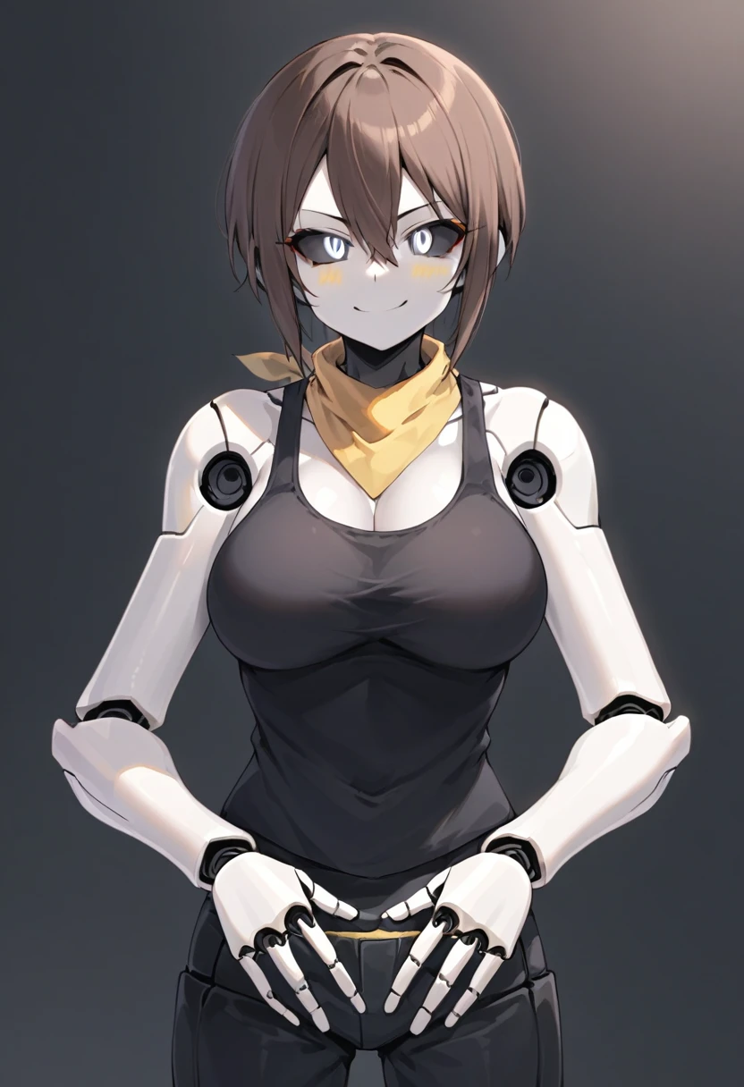 (Anime, 1girl, brown hair, grey eyes, dark punk clothes, black tank top, yellow bandana, portrait, Robot girl, Mecha, Android, joint limbs, robot joints, facial joints, metal pale skin, black sclera, no mouth, glowing eyes, no face, smug face), score_9, score_8_up, score_7_up