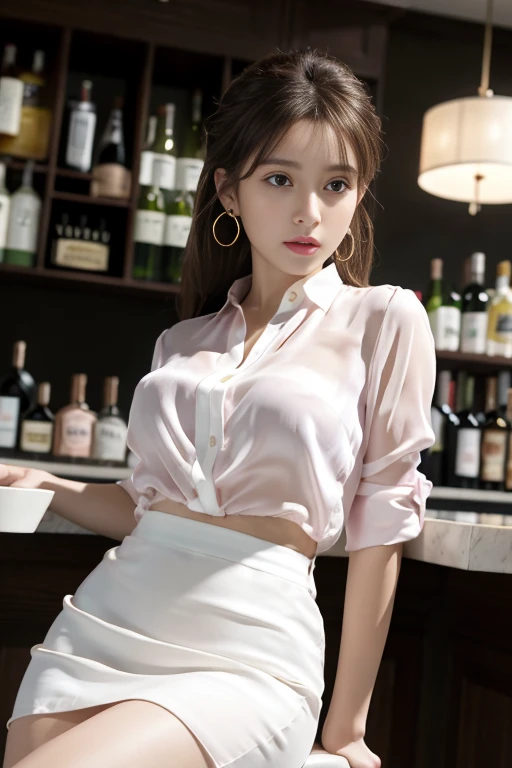 masterpiece, Highest quality, Realistic, Very detailed, Finer details, High resolution, 8k wallpaper, One beautiful woman, Wear a light pink see-through blouse, White silk tight mini skirt,At the bar counter, At night, Light brown messy hair, Perfect dynamic composition, Beautiful and beautiful eyes、Big earrings、Sitting in a chair、