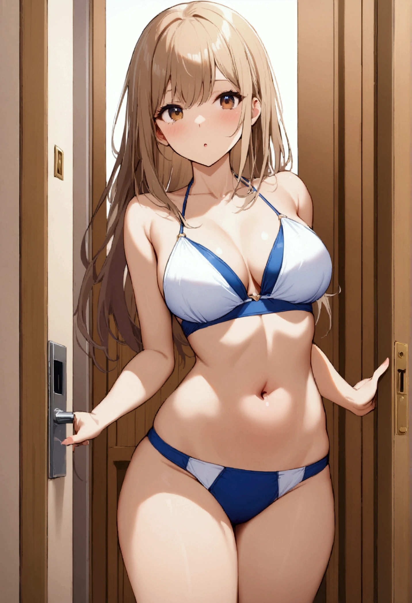 1girl, long light brown hair, 2piece blue and white bikini, indoor door