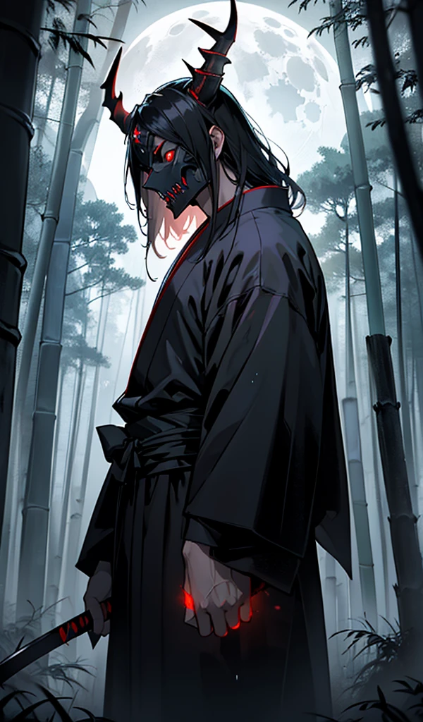 (detailed horned mask:1.2),(dark,devil) atmosphere,(mysterious,ominous,sandy) texture,1 demonic character,sharp teeth,Bright red eyes,long sharp horns,Pale skin,black claws,overgrown dark forest,ominous moonlight,dense fog,creepy atmosphere,blood red color scheme,haunting shadows,spooky fog,horror genre,nightmarish,dynamic lighting,high contrast,ethereal feeling,vivid colors better quality,ultra detailed),dark,wet,artificial raindrops falling,ancient japanese warrior standing in the rain,japanese traditional bamboo hat(fail),dense forest landscape,majestic and serene nature,full moon shining brightly in the night sky,black kimono with fluorescent red stripes that glow in the moonlight,samurai sword sharpened and drawn(katana),perfect photo detailed face