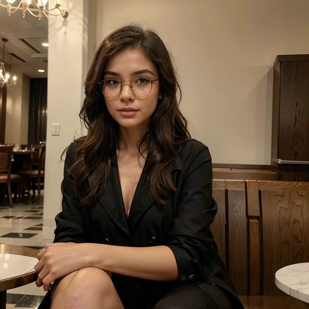 Create a highly realistic solo and beautiful solo model with the following detailed features: Gender: Female, Age: Young adult (approximately 20-25 years old), Hair: Long, wavy and reddish with a natural shine, gently cascading around the shoulders and back. . . . . . . . . . . . . , Eyes: Bright green with a captivating, slightly almond-shaped look, detailed with natural highlights, Skin: Fair complexion with a light texture, including natural freckles on the nose and cheeks, giving a youthful and vibrant appearance: Fair complexion with a light texture, including natural freckles on the nose and cheeks, giving a youthful and lively appearance, Face: with a smooth and natural contour, soft and full lips with a slight pinkish tint and a slightly delicate upturned nose, Expression : a gentle face, with a touch of mischief, which conveys warmth and approachability, solo, Clothing: in a black suit and black sunglasses sitting at a restaurant table, wearing a black suit, a black suit, a beige trench coat , a black outfit, a black suit, glasses, a black sober suit, and a beige trench coat, a black silky outfit, fashionable black clothes, a beige trench coat, a Girl in a suit, wears black clothes, Girl in a suit solo, Smooth black tight-fitting suit, wears an elegant outfit, a beige trench coat, chic haute couture, All black, Background: the model is sitting at a restaurant table, restaurant, sitting, restaurant
Pose: solo relaxed and confident posture, sitting at a restaurant table, front view, portrait, front portrait, white, aesthetic, Unsplash, Neoclassicism, Complex background, Best quality, hyper detailed, Gratty Sita, 64K, Light design, solo