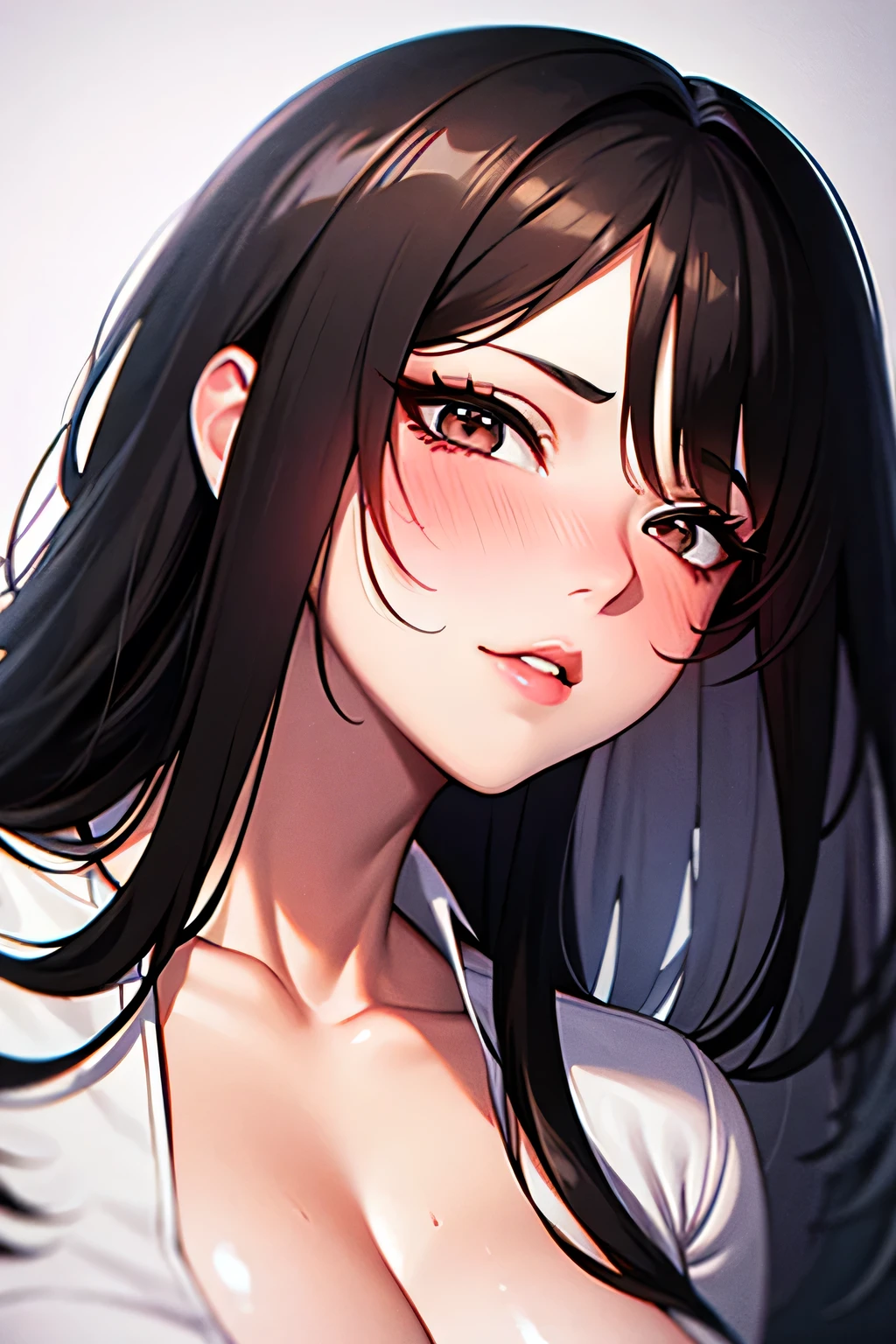 Amazing portrait of a sexy and cute woman with a beautiful face with black brown long straight hair and weak eyes while blushing intensely and her lips are parted being ready to kiss wearing a long oversized white shirt