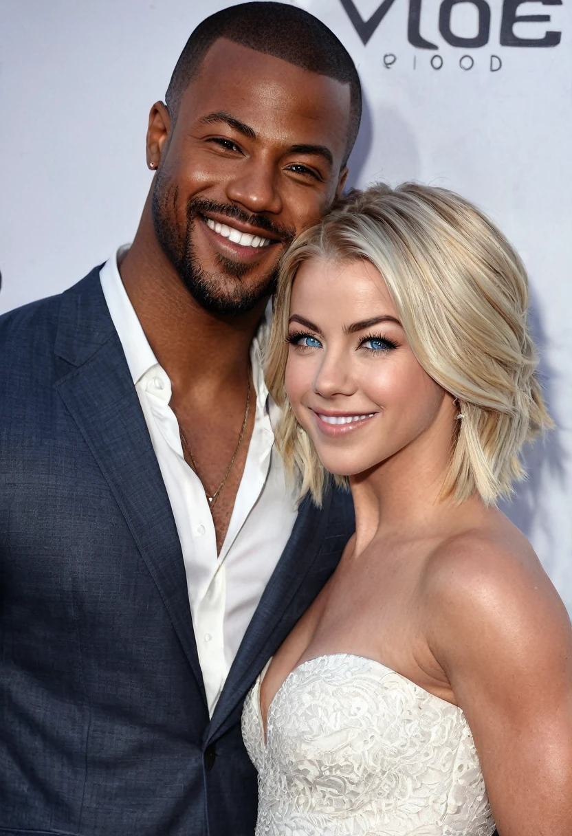 Julianne Hough and a handsome African American male whose facial features are a combo of Isaiah Mustafa + Ray J pose together for a photo. Both are smiling. Both are attired attractively but casually for a date. Julianne has lovely makeup on her face. Daytime. Romantic ambiance. Symmetrical eyes. Symmetrical faces. Lovely details. Photorealistic. Full-colored photo. Professional photo. Highly detailed 8K.