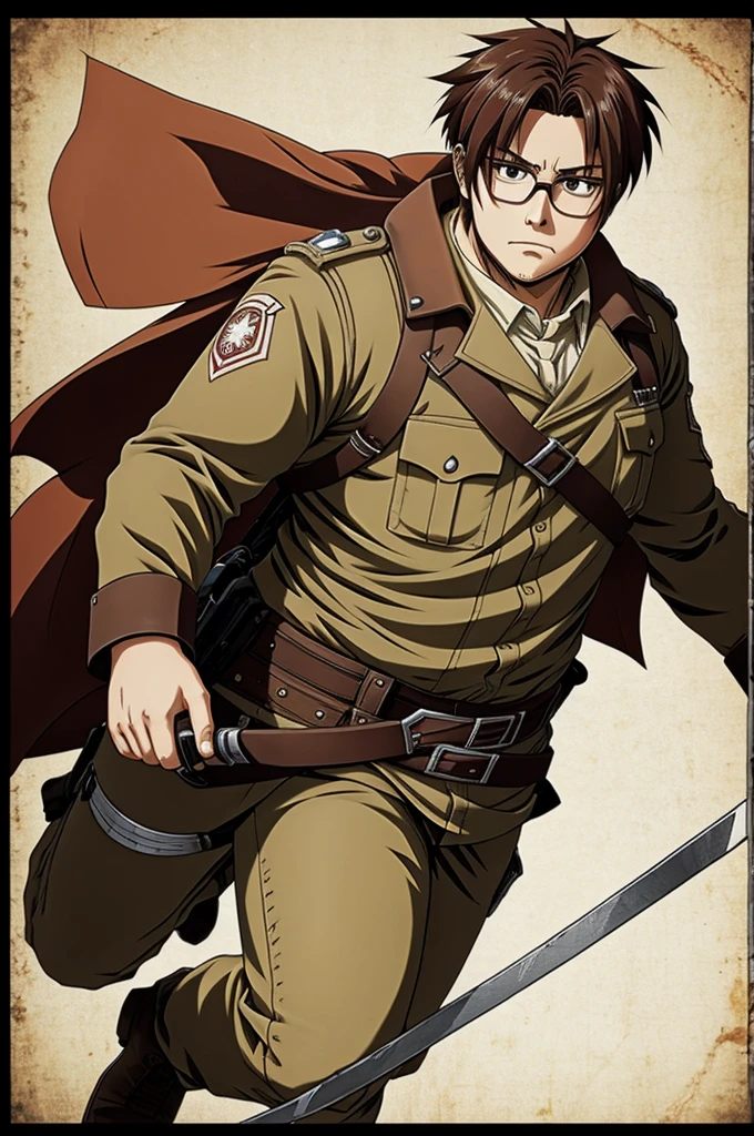 Shingeki no kyojin warrior league of explorers character, with glasses, short hair tall and obese anime style 