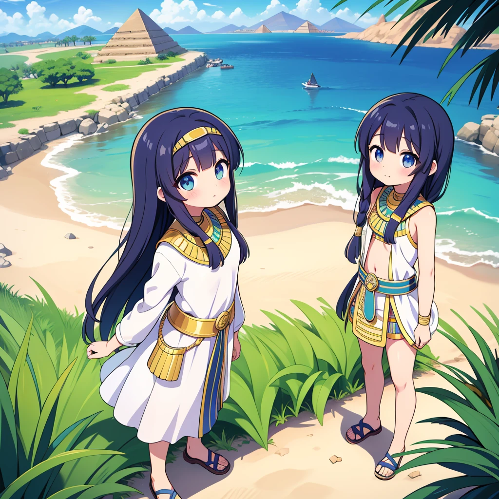 かわいいAncient Egyptの15歳の女の子、Ancient Egypt、View of the Nile、A colorful view of the whole、whole body、Low - Angle、Standing posture、Reeds are growing、Ancient Egyptの船、Ancient Egyptの風景
