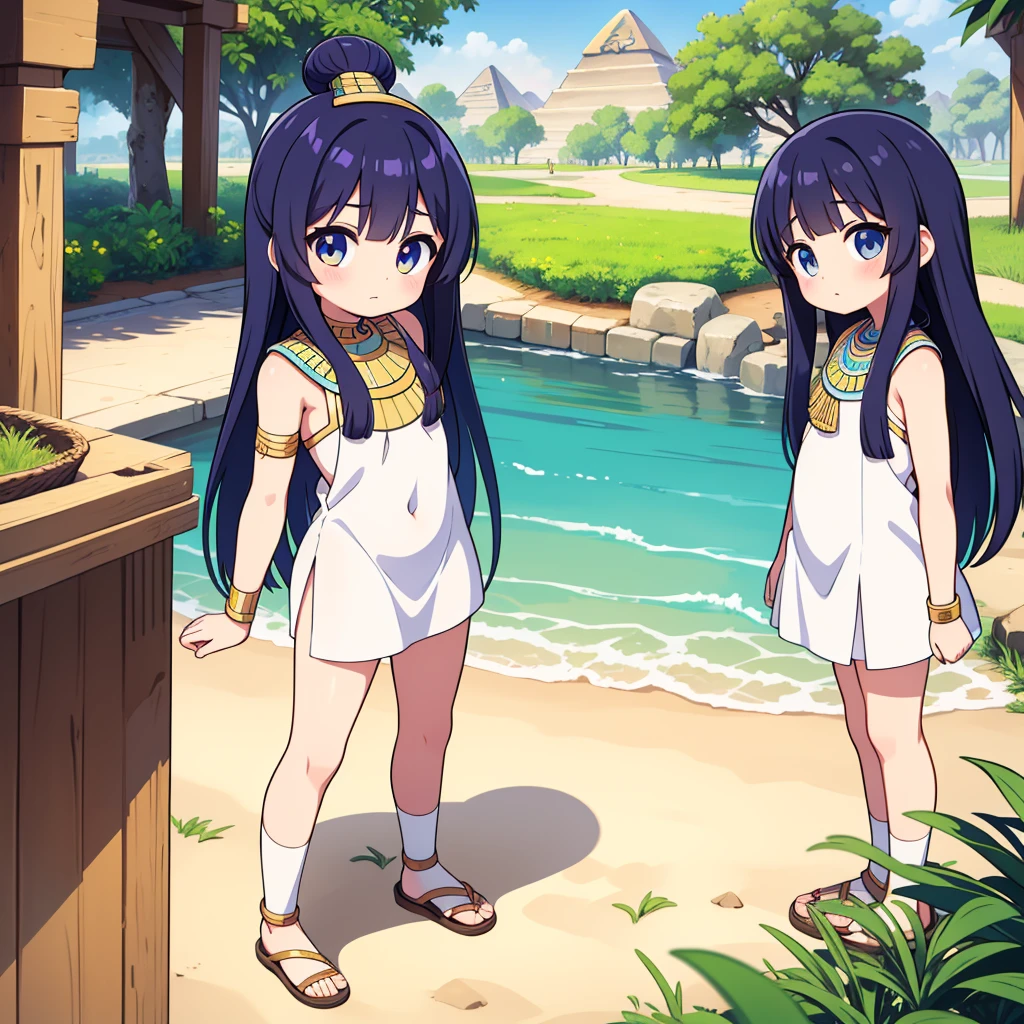 かわいいAncient Egyptの15歳の女の子、Ancient Egypt、View of the Nile、A colorful view of the whole、whole body、Low - Angle、Standing posture、Reeds are growing、Ancient Egyptの船、Ancient Egyptの風景