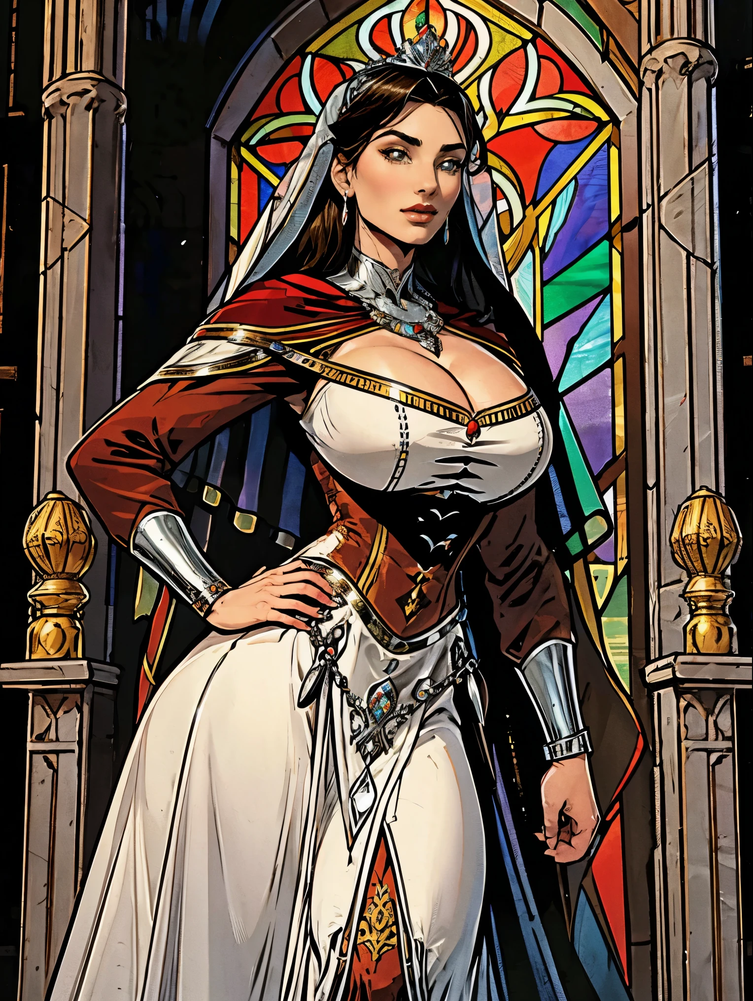 Beautiful and regal, imperious and aloof, busty athletic (thin) brunette queen with sharp facial features wearing a modest updo, dark red medieval dress, long sleeves, intricate patterns, scrollwork, wide neck, crown, veil, long dress, modest dress, tight bodice, (silver waist chain), medieval jewelry, Middle Ages, castle, rampart, wall, stained glass