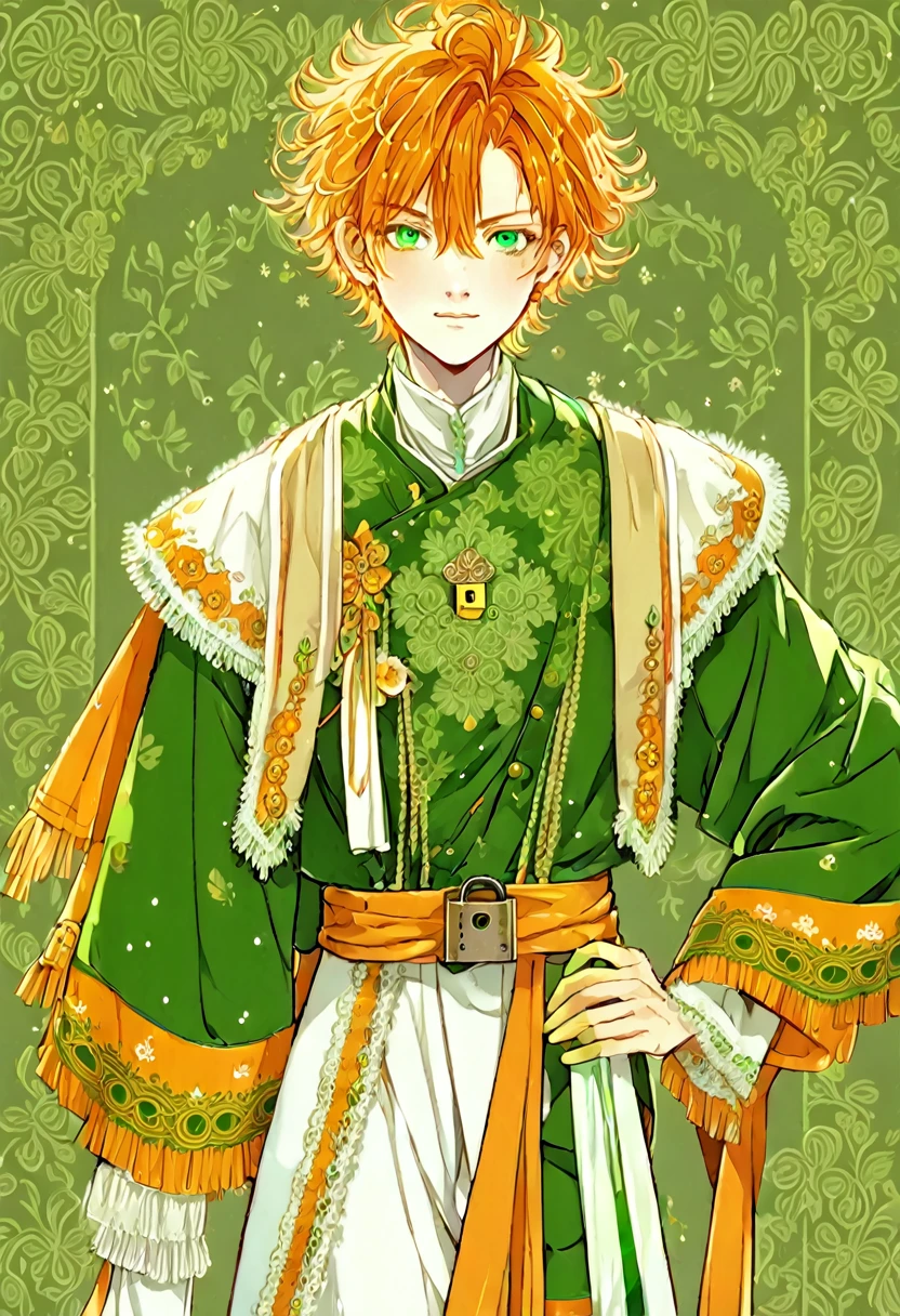 Anime boy (character: Akito Shinonome), orange messy hair, fringe reparted in three parts with a yellow lock of hair on the middle, light and bright green eyes, vintage royal Russian clothes