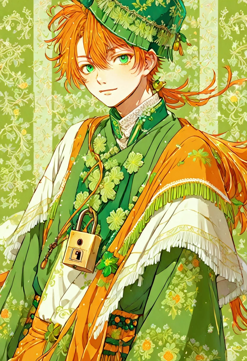 Anime boy (character: Akito Shinonome), orange messy hair, fringe reparted in three parts with a yellow lock of hair on the middle, light and bright green eyes, vintage royal Russian clothes