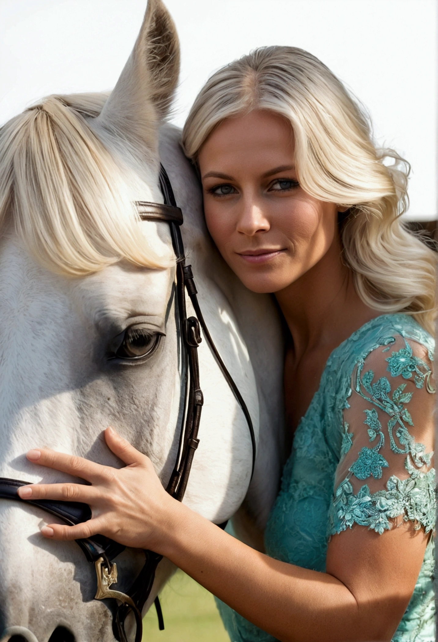Photo of a blonde woman, 35 year old platinum hair hugging her horse