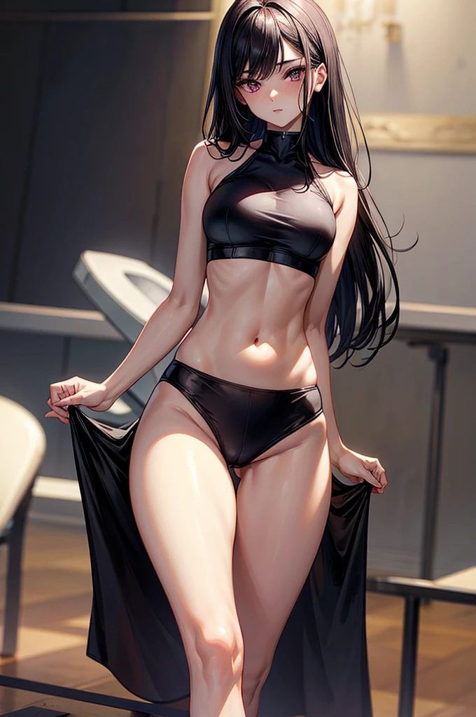 masterpiece, super detailed, precision art, beautiful young woman, , solo girl , halter neck sports bra, waist length dark sleek ink-black-violet hair, sharp facial features, high bridged nose, gym shorts, oval shaped face, lightly tanned white skin, beautiful and dreary velvet colored eyes, thick and plump cherry red lips, slender and slim body with amole curves for her frame, long slender legs, ankle-length sandals,, hip level shot,