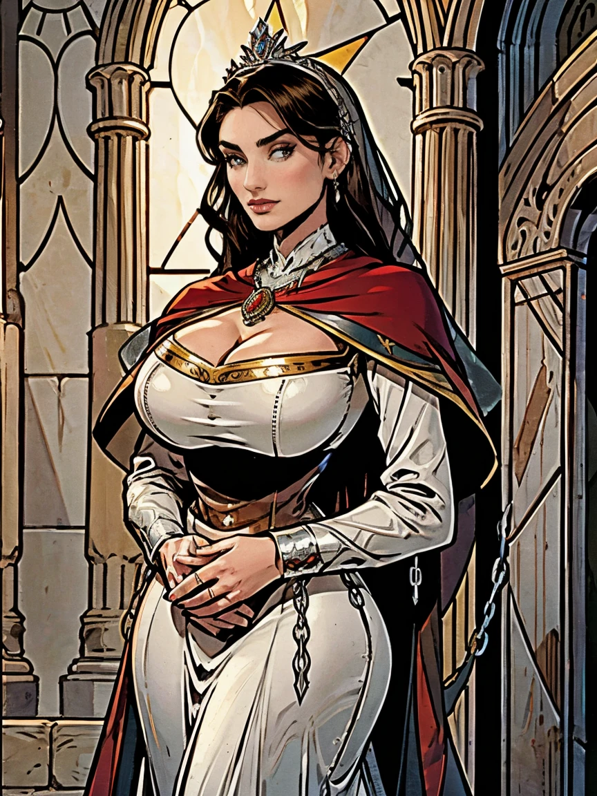 Beautiful and regal, imperious and aloof, busty athletic (thin) brunette queen with sharp facial features wearing a modest updo, dark red medieval dress, long sleeves, intricate patterns, scrollwork, wide neck, crown, veil, long dress, modest dress, tight bodice, (silver waist chain), medieval jewelry, Middle Ages, castle, rampart, wall, stained glass