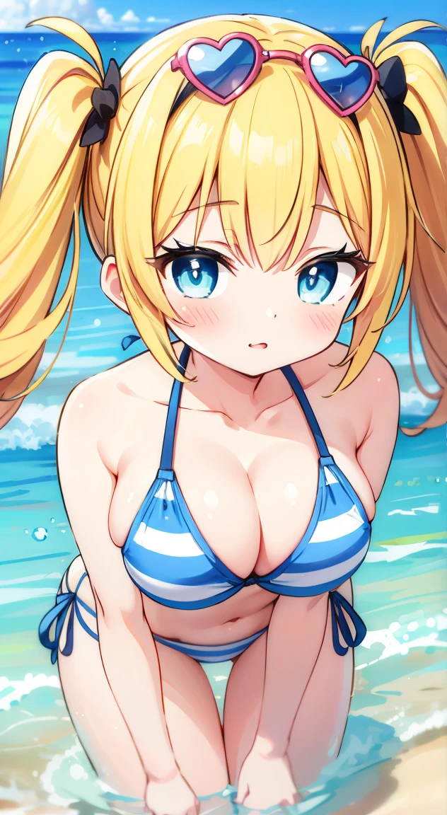 Side tie panties,,masterpiece, Highest quality, (anime screencap:1.3),(shape), cute,(Simple:1), (anime:1.2),Solo Sharp Focus, 1 girl, Cleavage,Looking at the audience, (Water Play,Water Play,Splash 1.1),Beach,Japan,(Browsing Caution:1.2),Colorful Bikinis,Pastel Bikini,Beautiful Hair,Horizontal stripes,heart shaped pupils,Checkered Bikini, Check Pattern,(Water Drop.1.1),cute eyes,Puffy eyes,Seductive pose,Shining Face,Large Breasts,Twin tail hair,heart shaped sunglasses on head,Hilarious
