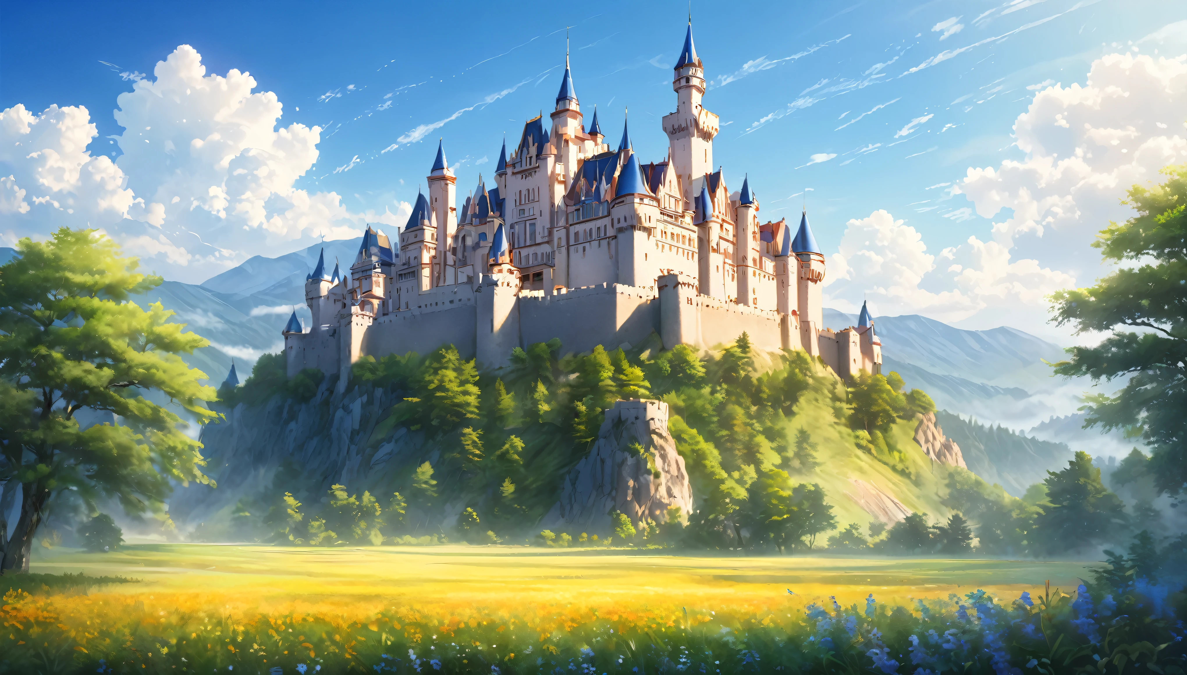 Western-style castle,nature,Summer sky,Blur the background,Highest quality, 8k, High resolution, masterpiece:1.2, Very detailed, Realistic:1.37, High resolution, 超High resolution, Ultra-fine painting, Very detailed, Professional, Vibrant colors