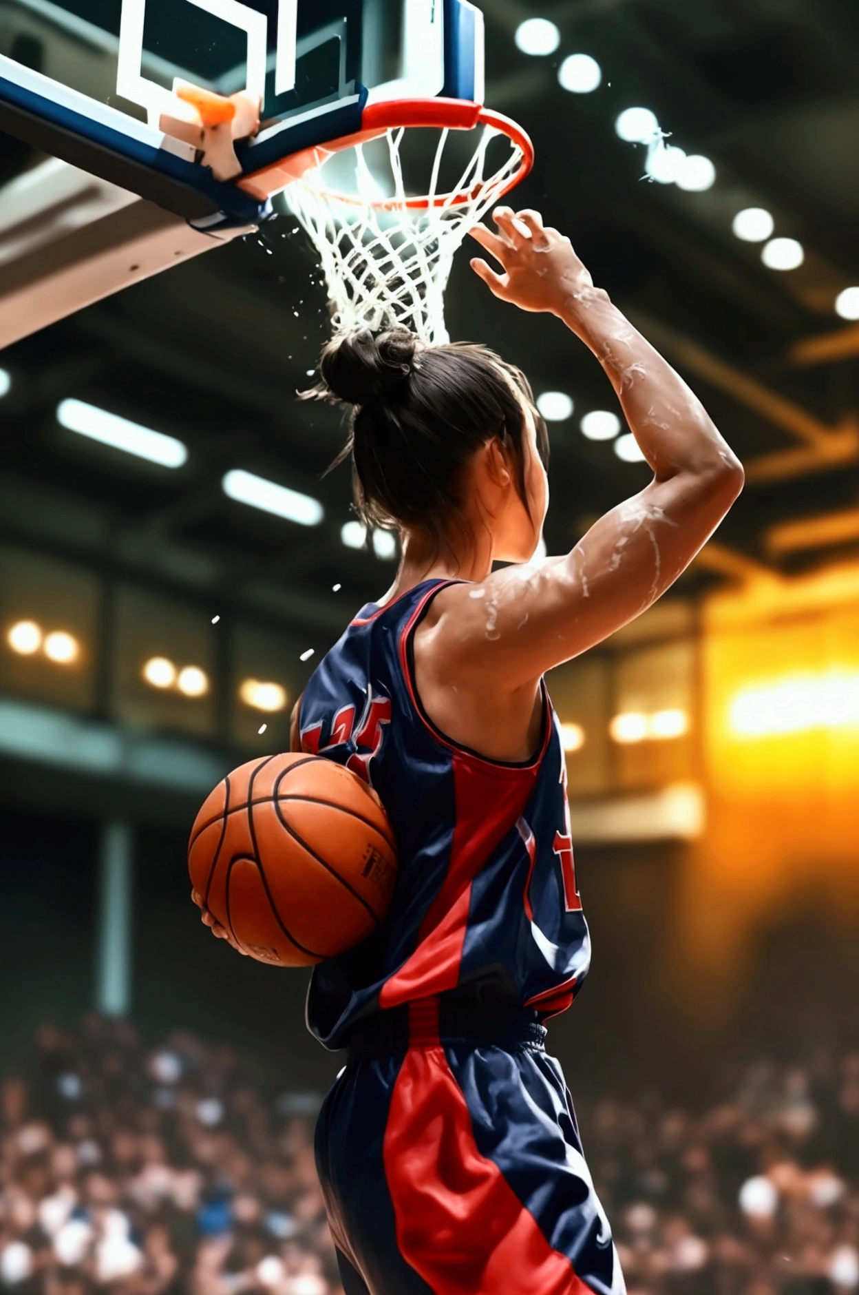 Ultra-realism, Detailed and realistic skin texture, Detailed and intricate texture, Detailed and intricate brushwork, Detailed and clear depiction, Anatomically correct, Absurd aesthetics, BREAK Back view, Basketball game, A spectacular dunk, Sweat all over, Expression of pleasure, aesthetic, sense of superiority, Charm, confidence, Fascinating, Alluring, adult, sexy, BREAK A Bold Perspective, Inspiring composition, Backlight, A dark background that makes the subject stand out, dramatic cinematographic lighting, Transparent Full color, Dynamic shot, (shot from above:1.3), BREAK Re-drawing into a clear and vivid work, highest quality render, Highest quality, Highest Resolution,
