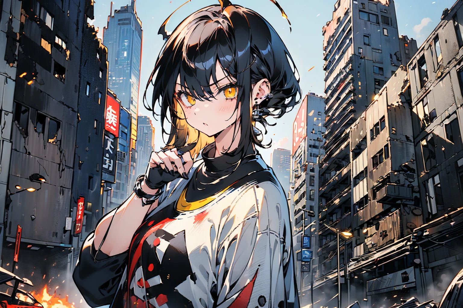 ((1 GIRL)) ((High Resolution)) ((10k,asian girl)), ((Japanese)) (( physically mature female)) (( average sized breasts)), 25-year-old, (( 2d anime girl)), ((short dark-haired)), ((windswept hair)) ((ultra high quality))((flawless))((4k UHD)) ((Best Quality)) ((Daytime)) ((eyes glowing yellow )), wearing a ((black long sleeve shoulderless, blank T-shirt)) wearing ((blue jeans)) and black and yellow sneakers with (((blood splattered))) on it and her face, standing in the street ((facing front and center turned toward the camera)) in a ((ruined city)) filled with ((heavily damaged)) and worn (( tall skyscrapers with gaping holes in their structures while on fire)) and ((crushed vehicles on fire)) ((city in ruins)) and small and ((raging fires all around)) and an ((intimidating)) look on her face.