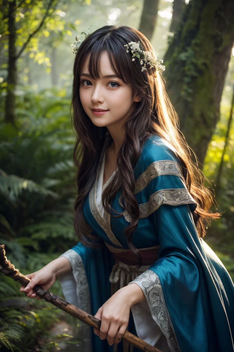 ((masterpiece)), ((best quality)), (ultra-detailed), ((kawaii)), cute, (lovely), ((extremely detailed)), 4K, (8K), best quality, (beautiful), photorealistic, leaning forward, ancient, a cute girl, solo, (sorceress), mystical forest, long flowing robes, glowing staff, beautiful blue eyes, wisdom, power, nature, magic, serene, aura, smile, moody lighting, natural light, soft shadows,