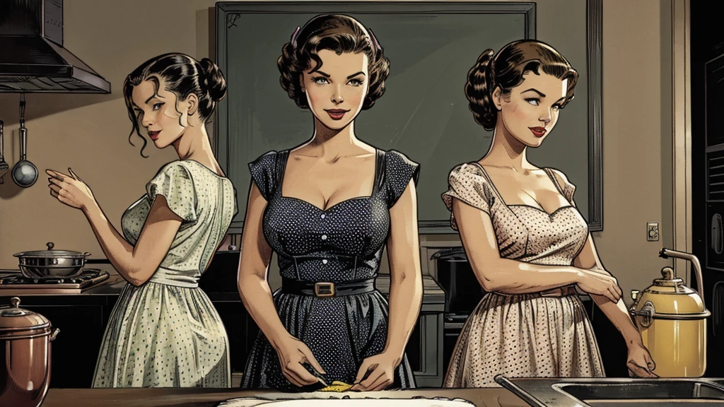 The vintage advertisement appears to celebrate 1950s domesticity at first glance. In the foreground, a smiling housewife poses holding a vintage vacuum, embodying the can-do attitude of the era's homemakers. She wears a classic polka-dot dress with a modest sweetheart neckline that hints at her shapely figure. Perfectly coiffed brunette curls frame her made-up face.
However, a closer look reveals a darker, sinister presence. Looming behind the housewife are three tiny aliens with large heads and bulbulbous black eyes, they are oggling the housewife's ass as she bends over the ironing board or sink.
Blending the saccharine-sweet feminine ideals of the era with a full-blown sci-fi monster invasion, the advertisement presents a deliriously incongruous juxtaposition of prim domesticity and terrifying, alien invaders.