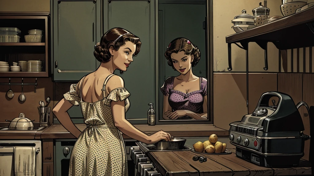 The vintage advertisement appears to celebrate 1950s domesticity at first glance. In the foreground, a smiling housewife poses holding a vintage vacuum, embodying the can-do attitude of the era's homemakers. She wears a classic polka-dot dress with a modest sweetheart neckline that hints at her shapely figure. Perfectly coiffed brunette curls frame her made-up face.
However, a closer look reveals a darker, sinister presence. Looming behind the housewife are three tiny aliens with large heads and bulbulbous black eyes, they are oggling the housewife's ass as she bends over the ironing board or sink.
Blending the saccharine-sweet feminine ideals of the era with a full-blown sci-fi monster invasion, the advertisement presents a deliriously incongruous juxtaposition of prim domesticity and terrifying, alien invaders.