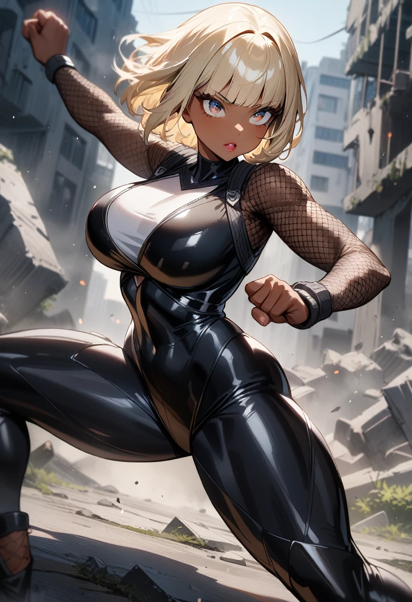 1girl,solo,super detailed skin,shiny skin,black skin,tanned skin,natural face,pale blonde hair,short hair,blunt bangs,beautiful detailed eyes,eyelashes,lips gloss,large breasts,fullbodysuit,fishnet arms,ninja clothes ,fighting stance,ruins,masterpiece,best quality,ultra detailed,high resolution,sharp focus