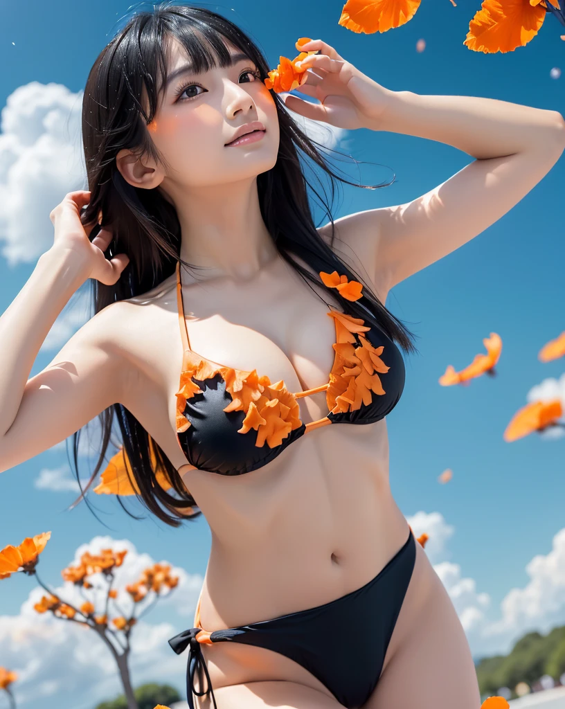 (Highest quality, 32K, High resolution, Masterpiece:1.5, ), marimo_jet, god々A photograph with brilliant dazzling and healing power., Evoking a sense of calm and elusive beauty, Expressing emotions, Have a rich imagination, Beautiful Japanese Girls, An exceptionally beautiful face, ((Looking up at the sky:1.3)), Small Face Beauty, Perfect Human Anatomy, Magical big eyes, Motherhood and generosity, Deep Love, fleeting smile, ((Shiny black hair:1.2), Asymmetrical bangs, Hair between the eyes, Transparent, soft white skin, Sharp eyebrows, Thin lashes, Natural Makeup, Cheek highlighter, Lips with fine detail, (Orange Bikini:1.4), High resolutionの完璧な鎖骨, High resolutionの美しい胸元, Slim figure with ample breasts, High resolutionの美しい太もも, ((Beautifully detailed skies:1.2)), ((Vibrant petal effect:1.3)), Professional photographer, Professional Lighting, Professional models, god秘的