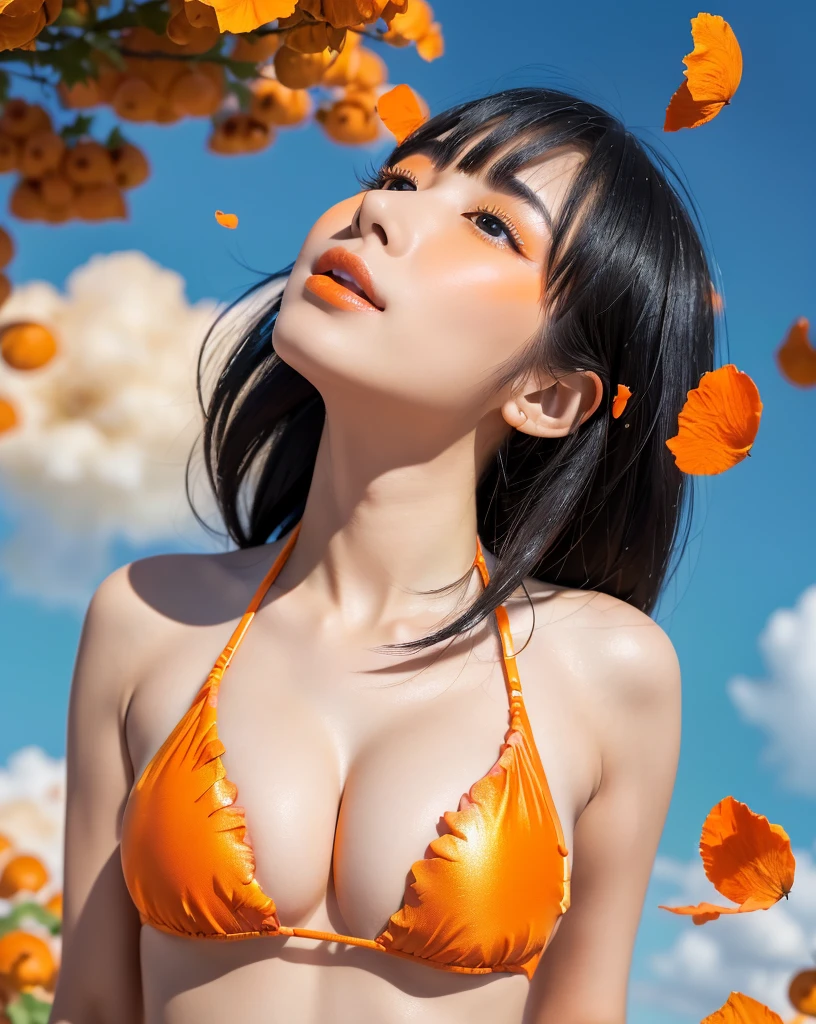 (Highest quality, 32K, High resolution, Masterpiece:1.5, ), marimo_jet, god々A photograph with brilliant dazzling and healing power., Evoking a sense of calm and elusive beauty, Expressing emotions, Have a rich imagination, Beautiful Japanese Girls, An exceptionally beautiful face, ((Looking up at the sky:1.3)), Small Face Beauty, Perfect Human Anatomy, Magical big eyes, Motherhood and generosity, Deep Love, fleeting smile, ((Shiny black hair:1.2), Asymmetrical bangs, Hair between the eyes, Transparent, soft white skin, Sharp eyebrows, Thin lashes, Natural Makeup, Cheek highlighter, Lips with fine detail, (Orange Bikini:1.4), High resolutionの完璧な鎖骨, High resolutionの美しい胸元, Slim figure with ample breasts, High resolutionの美しい太もも, ((Beautifully detailed skies:1.2)), ((Vibrant petal effect:1.3)), Professional photographer, Professional Lighting, Professional models, god秘的