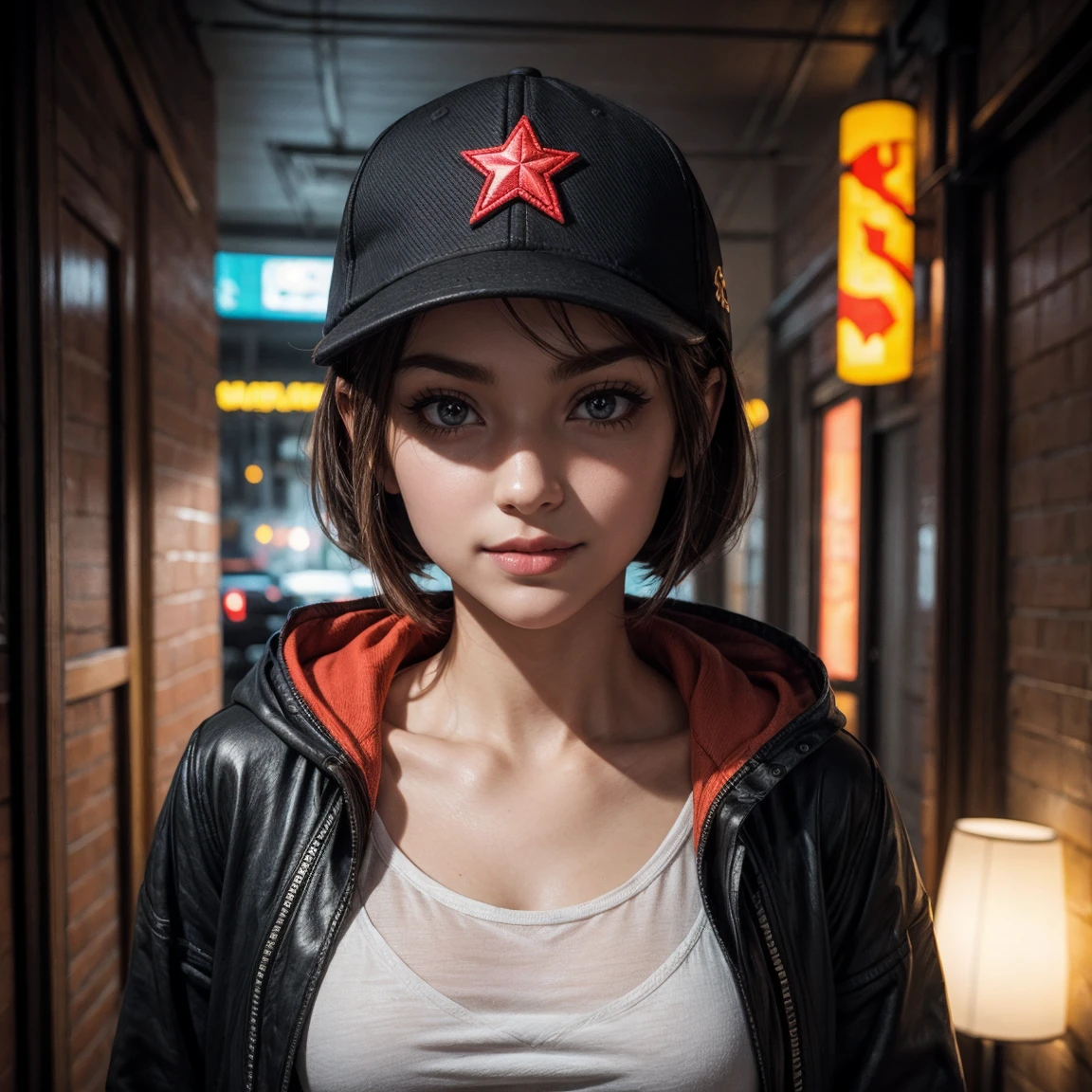 (masterpiece), best quality, expressive eyes, frontal pose, smile closed, perfect face,portrait face , Brown eyes, Eve, Short bob haircut, Stellar blade, Fringe hair, Athletic body, Ponytail hair, unreal engine skin:0.3,blushing cheeks:1.4, tight breast, looking at viewer,, cyberpunk bedroom, night, neon glow spothlighs in the walls, (snapback hat, Red hoodie hip hop clothes), high eyes details, ((soft eyes1.4))