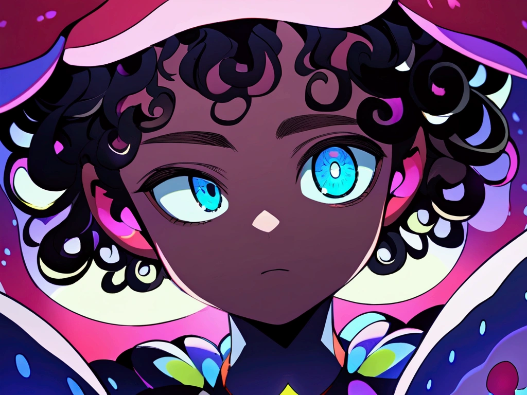 Boy with black curly hair with white highlights, dark-skinned, with a scar on the eye from the eyebrow to below the wandering eye region, in mushroom world 