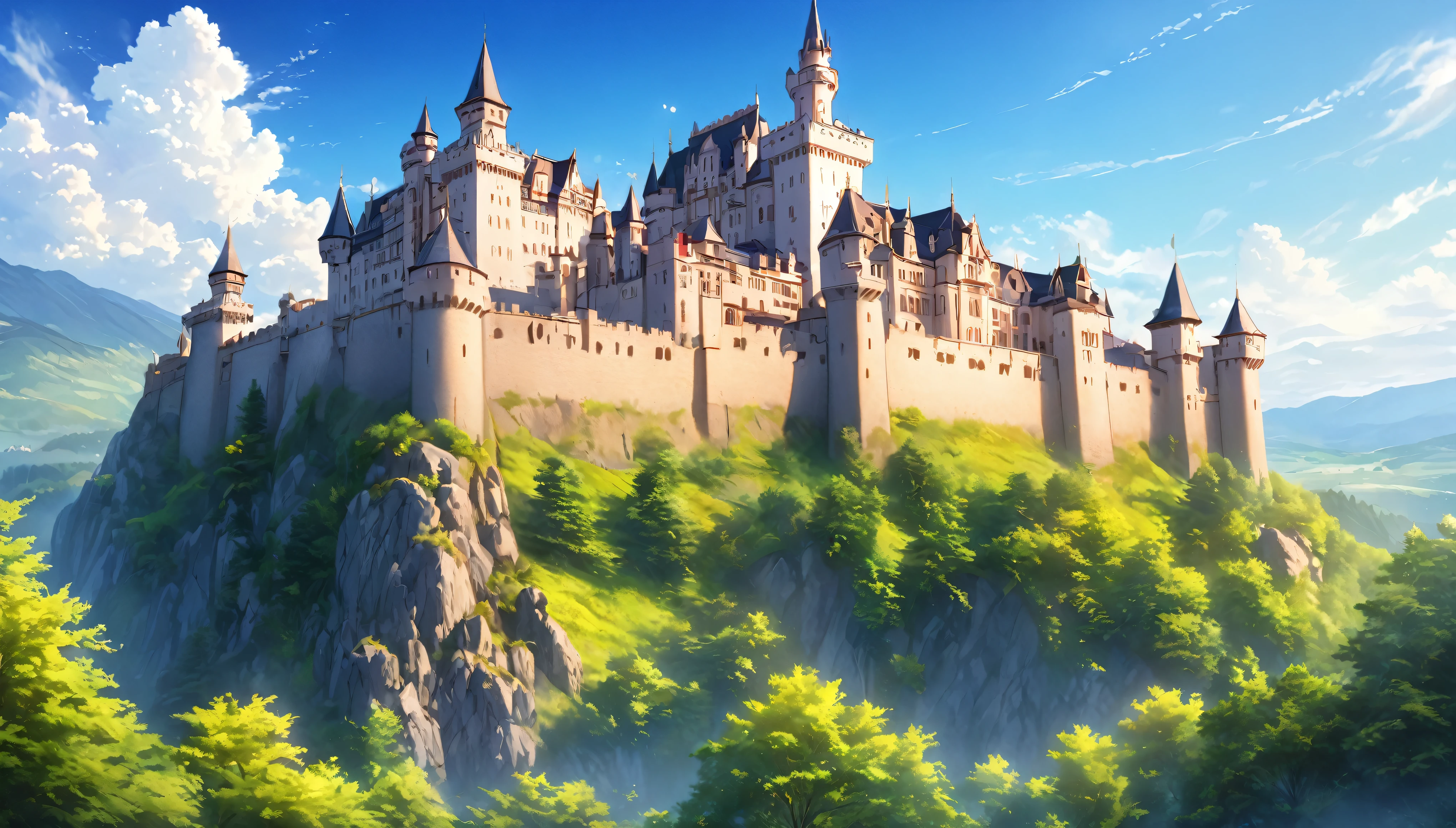 Western-style castle,nature,Summer sky,Blur the background,Highest quality, 8k, High resolution, masterpiece:1.2, Very detailed, Realistic:1.37, High resolution, 超High resolution, Ultra-fine painting, Very detailed, Professional, Vibrant colors