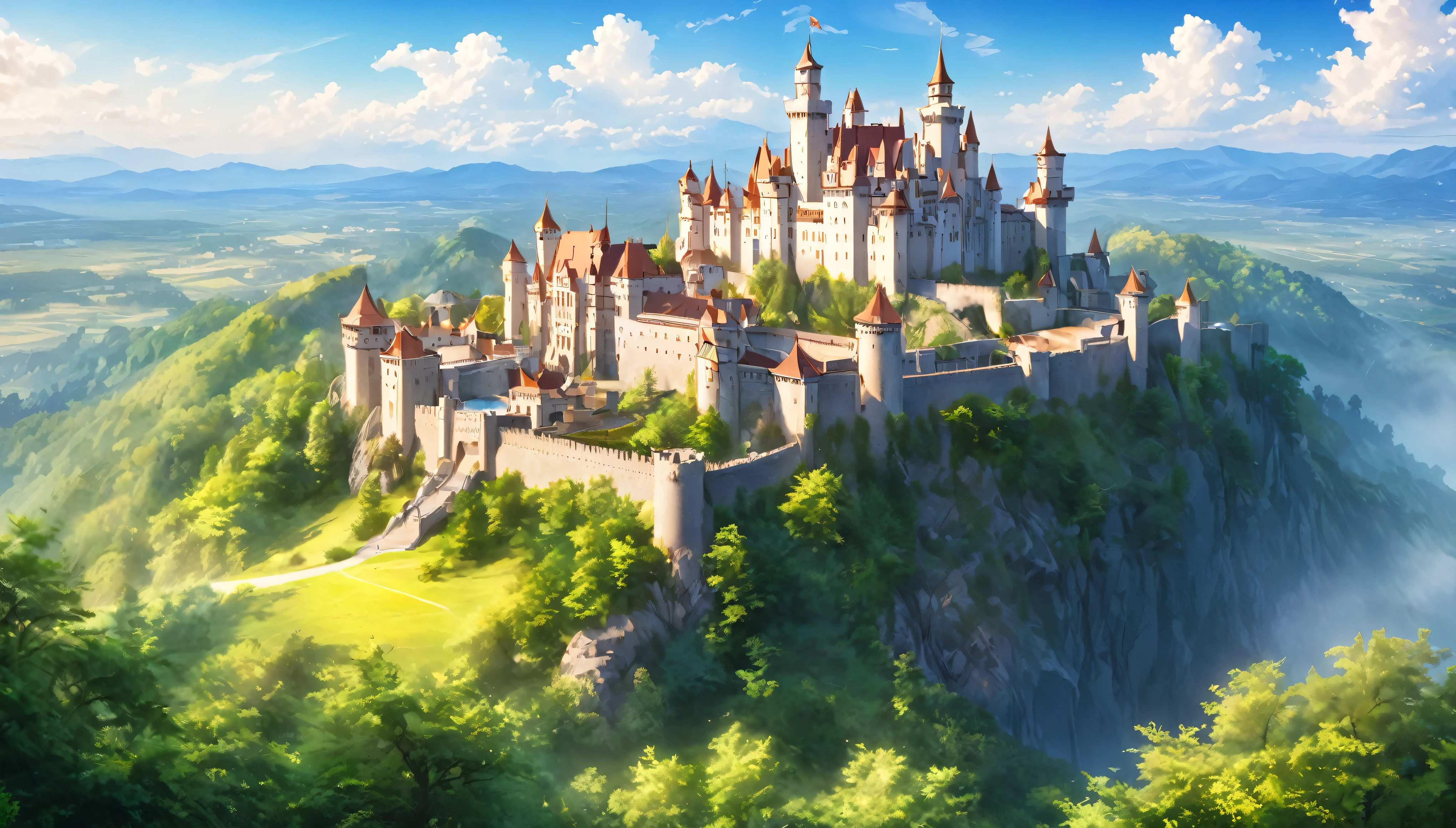 Western-style castle,nature,Summer sky,Blur the background,Highest quality, 8k, High resolution, masterpiece:1.2, Very detailed, Realistic:1.37, High resolution, 超High resolution, Ultra-fine painting, Very detailed, Professional, Vibrant colors