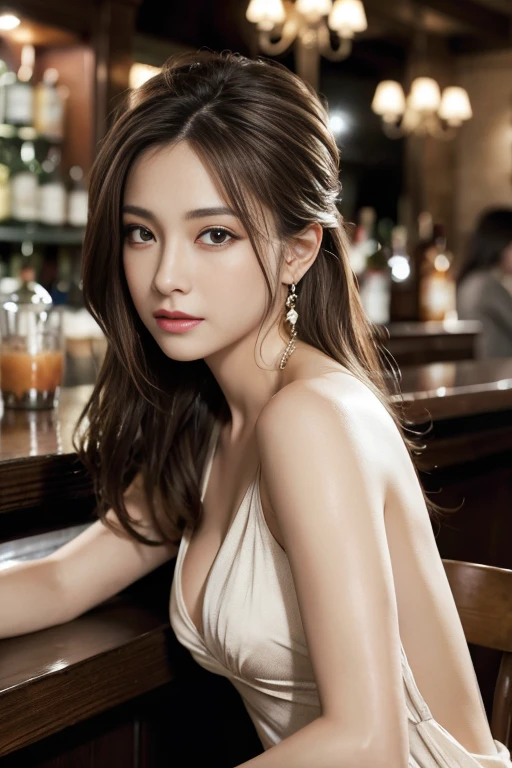 masterpiece, Highest quality, Realistic, Very detailed, Finer details, High resolution, 8k wallpaper, One beautiful woman, Completely naked, Great bar counter, At night, Light brown messy hair, Perfect dynamic composition, Beautiful and beautiful eyes、Big earrings、