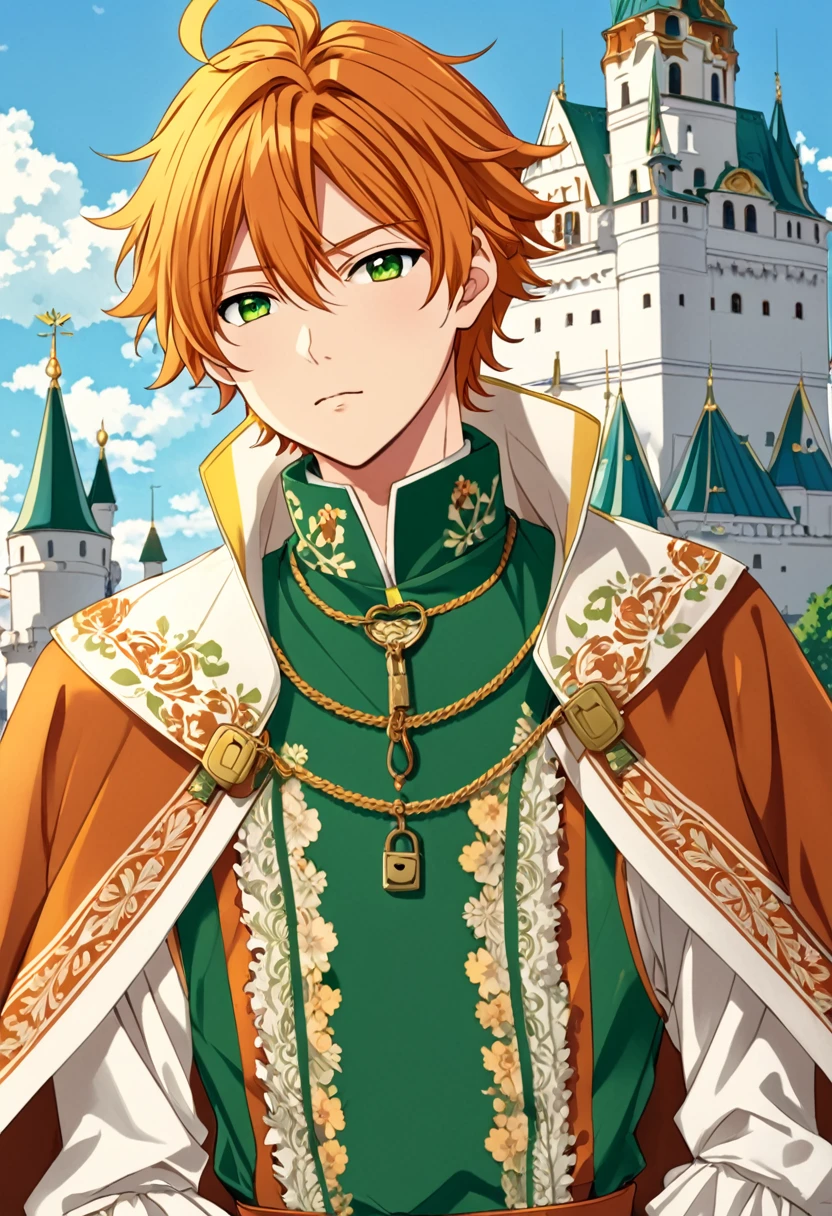 Anime boy (character: Akito Shinonome), orange messy hair, fringe reparted in three parts with a yellow lock of hair on the middle, light and bright green eyes, vintage royal Russian clothes, Russian castle background